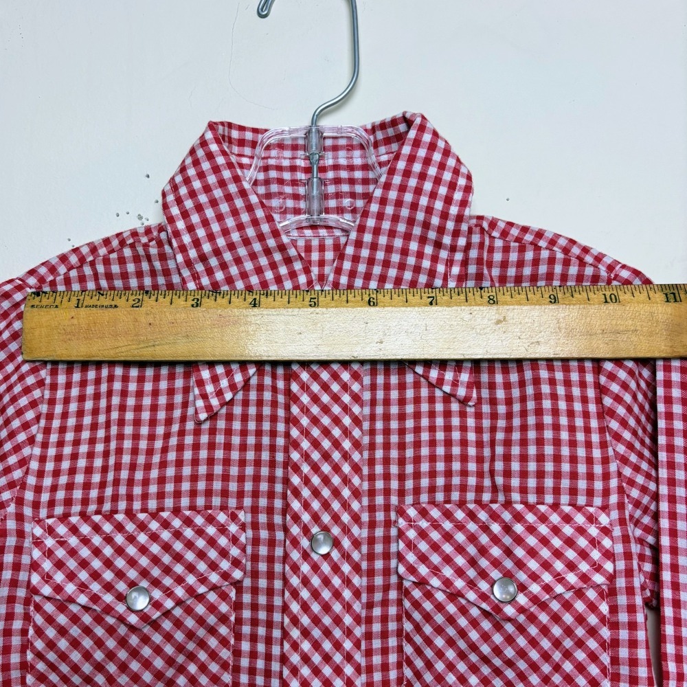 Vintage 70s Gingham Western Pearl Snap Boys Plaid Button Down Shirt Size 4 - Picture 4 of 7